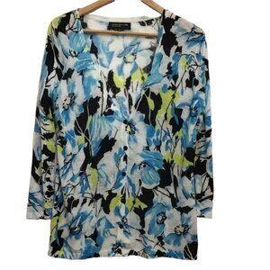 JONES New York 55% linen blend sweater cardigan floral black blue white large